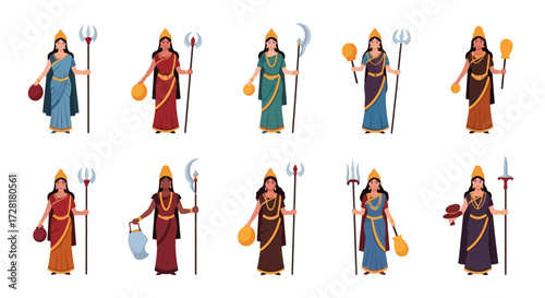 Diverse depictions of Hindu Goddess Annapurna for religious festivities, cultural celebrations, and educational materials on Hinduism and Indian mythology.