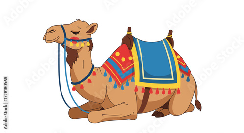 An ornately decorated camel rests peacefully in a sandy desert environment.