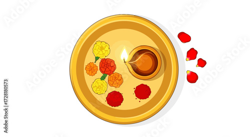 Illustrative Diwali Pooja Thali Design with Lit Diya and Flowers for Festive Greetings and Cultural Celebrations on Adobe Stock.