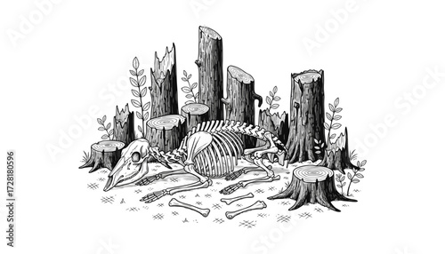 illustration of a dead animal skeleton in a clearing in a forest. Isolated on a white background.