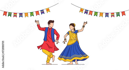 Vibrant Garba Dance Illustration for Cultural Celebrations and Festive Events, Suitable for Event Invitations and Promoting Indian Cultural Heritage.