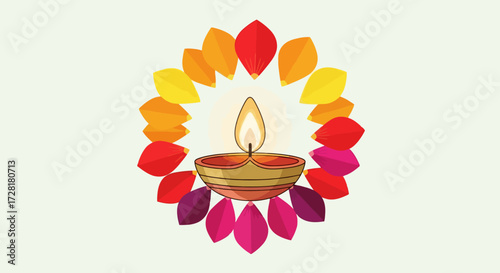 Festive Diwali Celebration Vector Illustration Featuring a Traditional Oil Lamp and Colorful Decorative Petals for Greeting Cards and Cultural Designs.