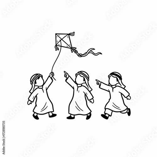 Three young boys in traditional clothing fly a kite, pointing upwards in a playful manner.