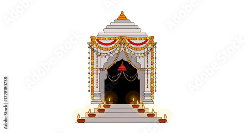 Ornate Hindu Temple Entrance Illustration for Festive Celebrations and Cultural Representations, Suitable for Religious Events and Traditional Design Projects.