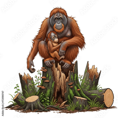 Illustration of an orangutan carrying its child on a felled tree trunk. Isolated on a white background.
