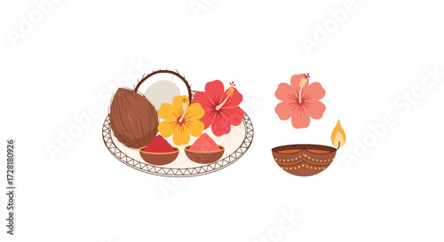 Festive Hindu Puja Thali Illustration with Coconut, Flowers, Kumkum, and Diya for Religious Celebrations and Cultural Events. Ideal for showcasing traditional rituals.