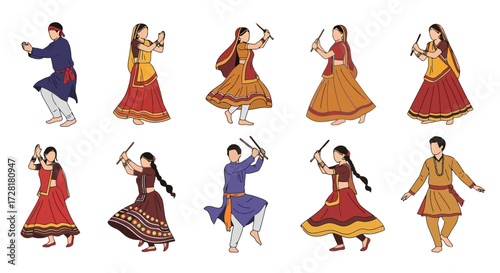 Vibrant Dandiya Raas Dancers Illustration for Cultural Celebrations and Festive Decorations. Ideal for illustrating Indian festivals, dance performances, or cultural event promotions.