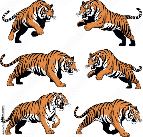 Collection of dynamic tiger poses in motion silhouette style isolated on white background