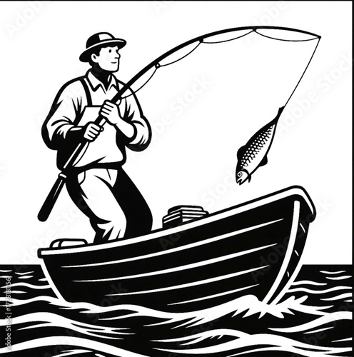 Illustration of a fisherman fishing in the sea from a wooden boat. Isolated on a white background.