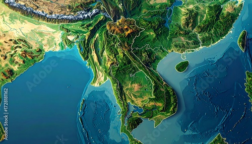 Topographical 3D Map of Southeast Asia: Lush Greenery, Deep Blue Oceans, and Mountainous Terrain