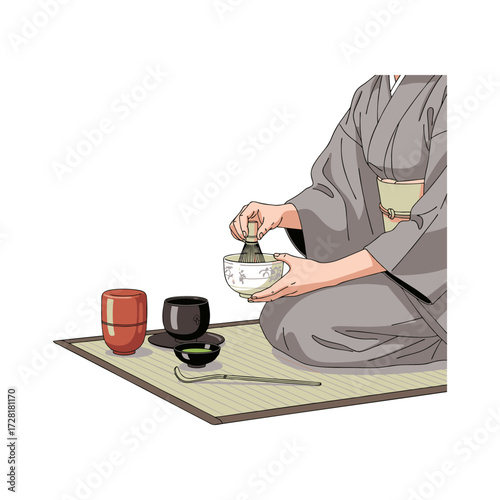 Illustration of a tea ceremony in Japan. Isolated on a white background.