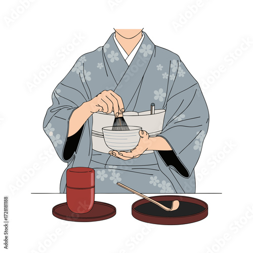 Illustration of a tea ceremony in Japan. Isolated on a white background.