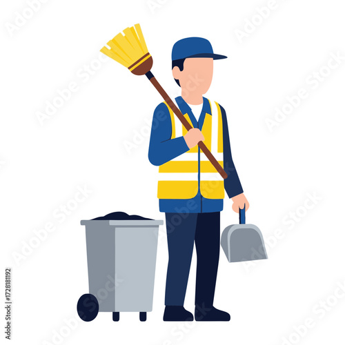 Illustration of a cleaning worker carrying his equipment. Isolated on a white background.