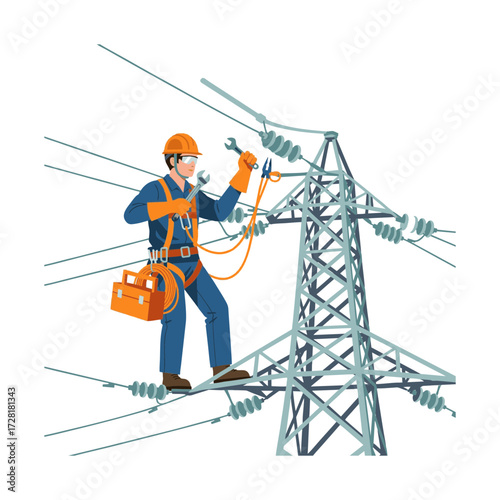 An electric company worker is repairing a high-voltage power line in full safety gear. Isolated on a white background.