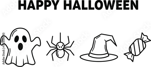 Happy halloween vector illustration with ghost, spider, witch hat and candy halloween doodle elements for banner and poster
