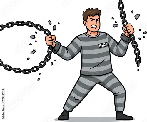 Prisoner breaking chains with determination and strength to escape confinement.