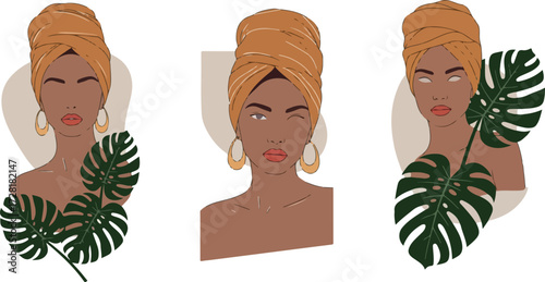 Elegant women with headscarves and tropical leaves artistic portraits.