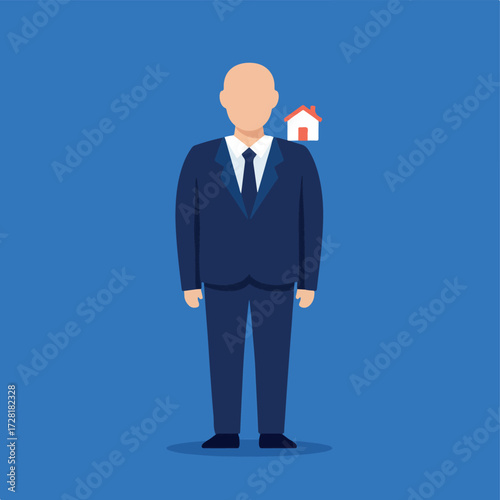 Professional real estate agent in a suit with a house icon.