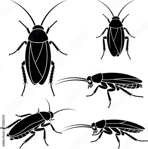 Minimal flat vector set of cockroach icons in simple silhouette style