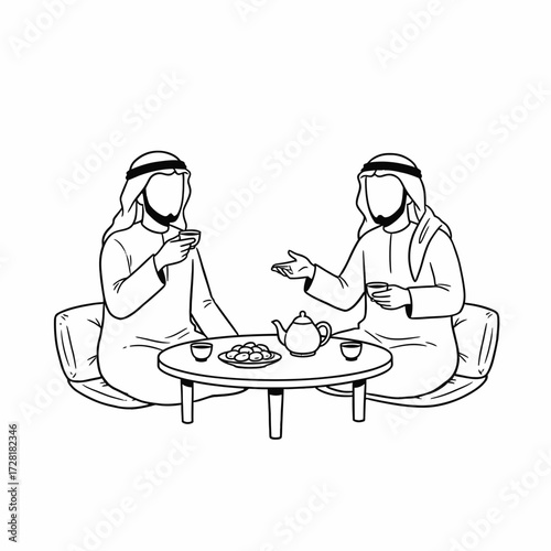 Two men in traditional Arab clothing sit on cushions, drinking tea and conversing around a low table with a teapot and dates.