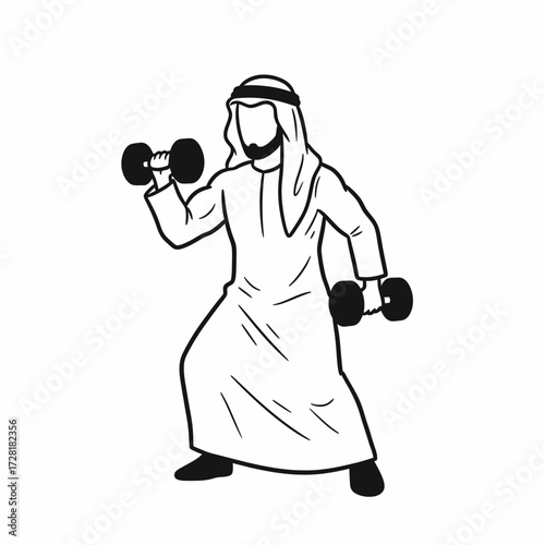 Man in traditional Arabic clothing exercising with dumbbells.
