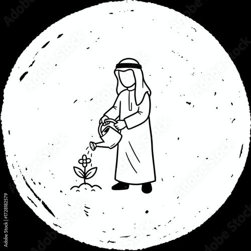 A simple line drawing of a person in traditional Arab clothing watering a small flower with a watering can.