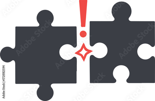 Puzzle pieces almost connected with red exclamation mark representing problem solving.