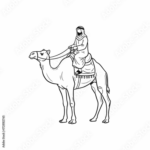 A line drawing depicting a robed person riding a camel with reins, side view.