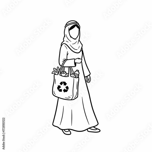 Woman wearing hijab carries a reusable shopping bag with recycle symbol, filled with groceries.