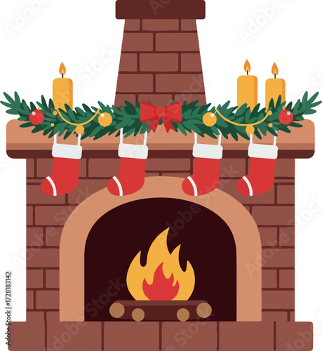 Festive fireplace with stockings candles and Christmas decorations for holiday season.