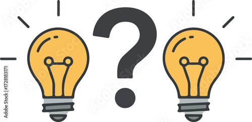 Question mark between two light bulbs representing ideas and solutions.