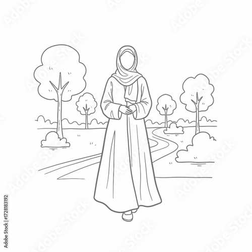 Line drawing of a woman in traditional attire standing outdoors on a path.