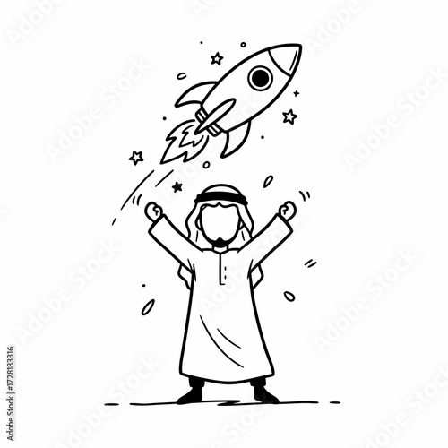 An illustration of a person in traditional attire celebrating a rocket launch into space.