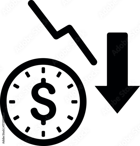 Financial decline concept with dollar sign clock and downward arrow.