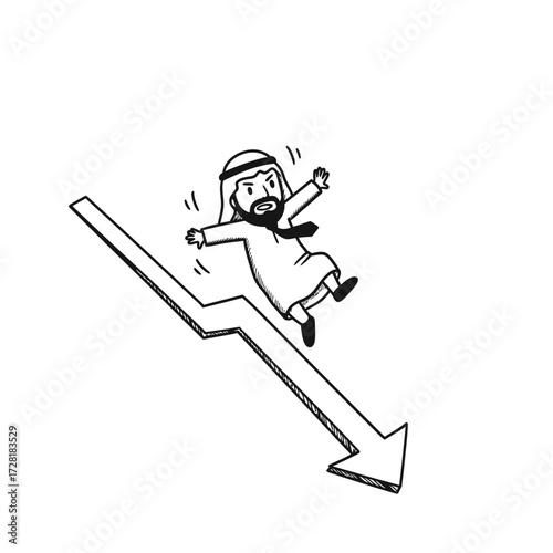 A cartoon businessman in traditional attire slides down a downward-pointing arrow, illustrating financial decline.