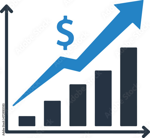 Financial growth chart with upward arrow and dollar sign representing business success.