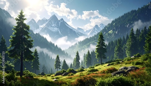 Sunlit mountain valley, mist shrouds lower slopes, evergreens in foreground