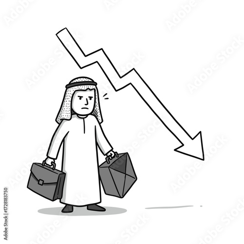 An angry Arab businessman holding briefcases stands next to a downward-pointing arrow, symbolizing economic downturn.