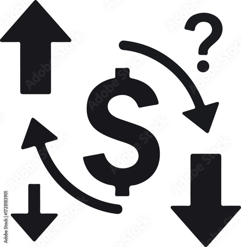 Financial uncertainty and market volatility with dollar sign and arrows.
