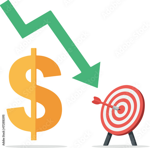 Financial target achievement with dollar sign and downward trend.