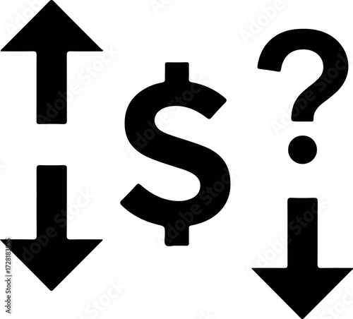 Financial uncertainty with arrows dollar sign and question mark.