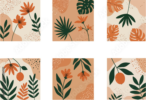 Floral botanical illustrations with orange flowers and green leaves on beige background.
