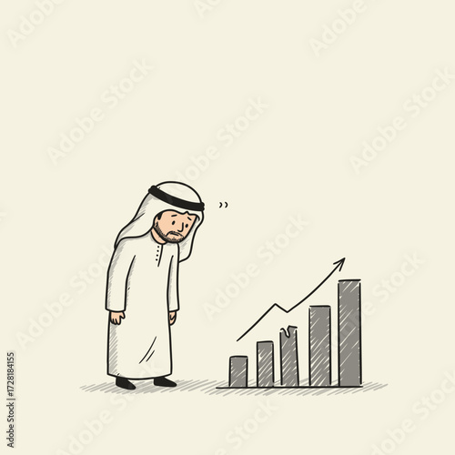 A worried Arab man observes a broken, declining financial growth chart.