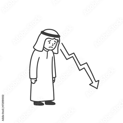 An Arab man in traditional clothing looks sad next to a downward trending arrow.