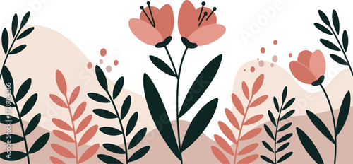 Floral illustration featuring pink flowers and green leaves.
