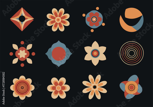 Floral geometric design elements in warm colors on dark background.