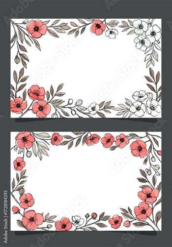 Floral frame design with red flowers and leaves on white background.
