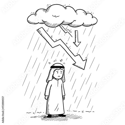 A sad Arab man stands under a rain cloud with a downward arrow, symbolizing economic decline.