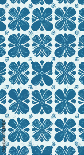 Floral pattern design with blue flowers on a white background repeating tile.