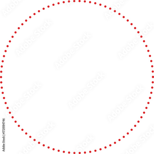 This is a minimalist graphic image featuring a large circle composed entirely of small, red dots. These dots are evenly spaced and form a perfect circular outline against a plain.